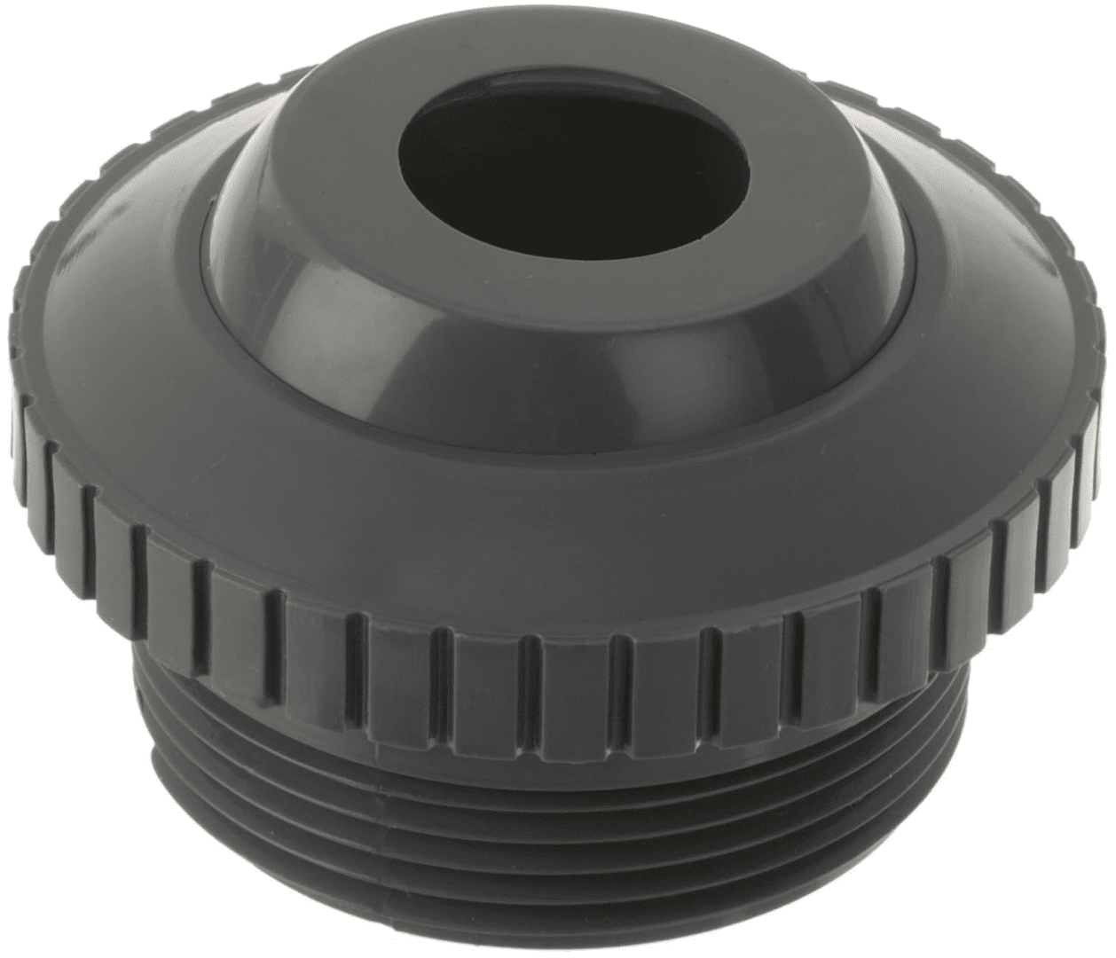 A Hayward SP1419DDGR Dark Gray 3/4-Inch Opening Hydrostream Directional Flow Inlet Fitting with 1-1/2-Inch MIP Thread for a plastic pipe.